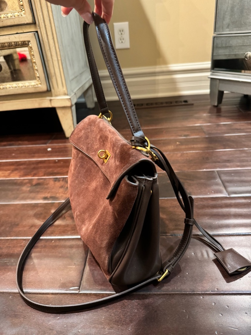 Brown Suede Top-Handle Shoulder Bag - Picture 2 of 5